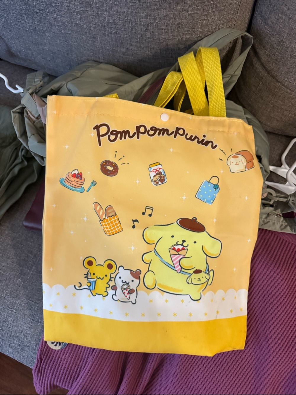 Sanrio Pom Pom Purin Tote Bag with Bright Yellow Handles and Button Closure